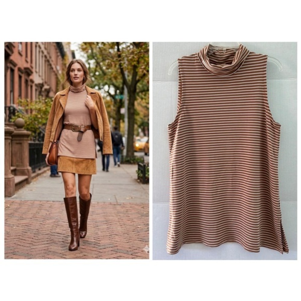 Garnet Hill Striped Sleeveless Turtleneck Top L Business Casual Preppy